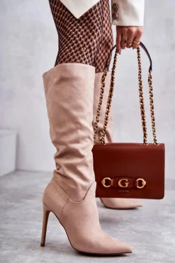 Klasyczne Zamszowe Kozaki Na Szpilce Beżowe Ameya