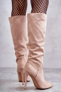 Klasyczne Zamszowe Kozaki Na Szpilce Beżowe Ameya