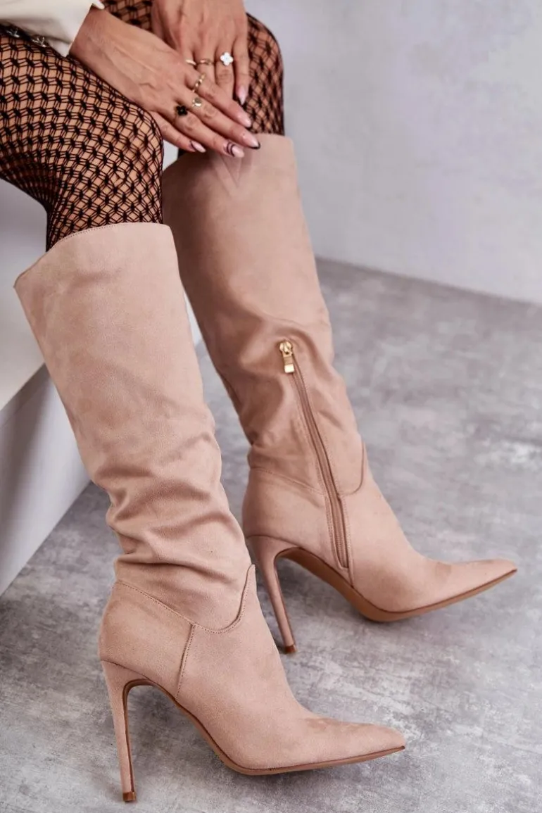 Klasyczne Zamszowe Kozaki Na Szpilce Beżowe Ameya