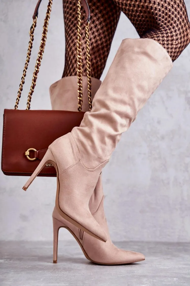 Klasyczne Zamszowe Kozaki Na Szpilce Beżowe Ameya