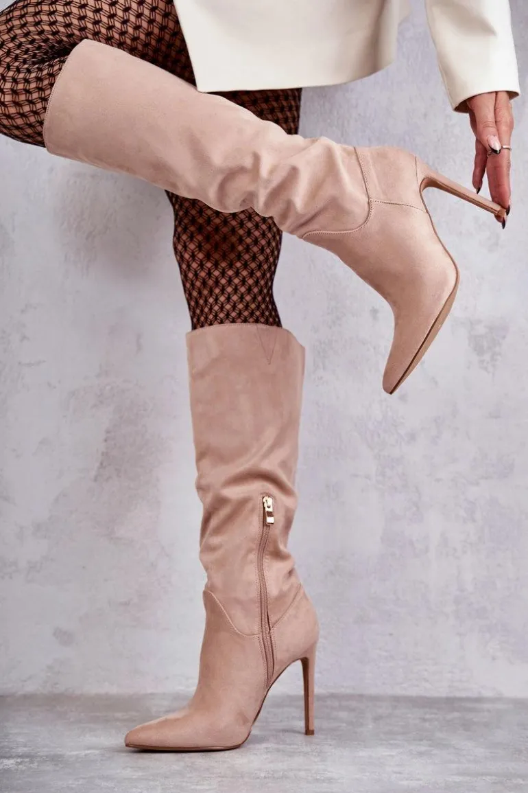 Klasyczne Zamszowe Kozaki Na Szpilce Beżowe Ameya