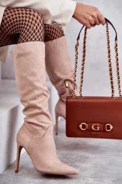 Klasyczne Zamszowe Kozaki Na Szpilce Beżowe Ameya