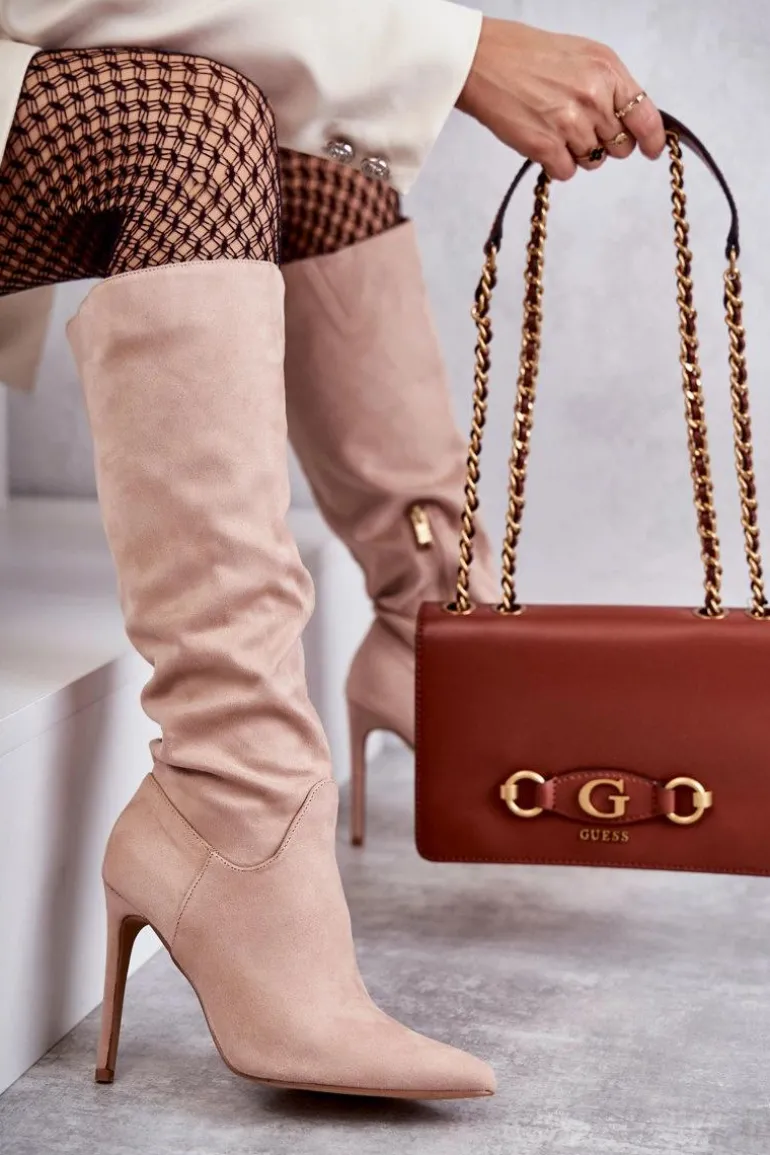 Klasyczne Zamszowe Kozaki Na Szpilce Beżowe Ameya