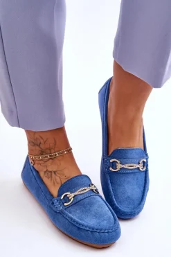 Klasyczne Zamszowe Mokasyny Z Ozdobą Niebieskie Amera