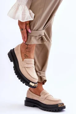 Klasyczne Zamszowe Mokasyny Z Ozdobą Beżowe Monaro