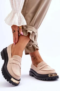 Klasyczne Zamszowe Mokasyny Z Ozdobą Beżowe Monaro