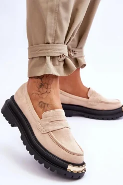 Klasyczne Zamszowe Mokasyny Z Ozdobą Beżowe Monaro