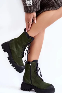 Klasyczne Zamszowe Ocieplane Botki Zielone Lemar Caima
