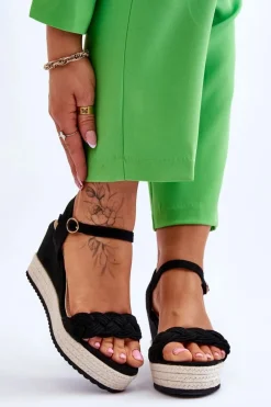 Klasyczne Zamszowe Sandały Na Koturnie Czarne Denisse