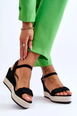 Klasyczne Zamszowe Sandały Na Koturnie Czarne Denisse