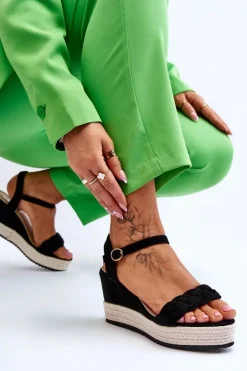 Klasyczne Zamszowe Sandały Na Koturnie Czarne Denisse