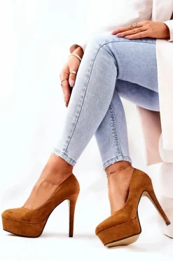 Klasyczne Zamszowe Szpilki Na Platformie Camel Silly