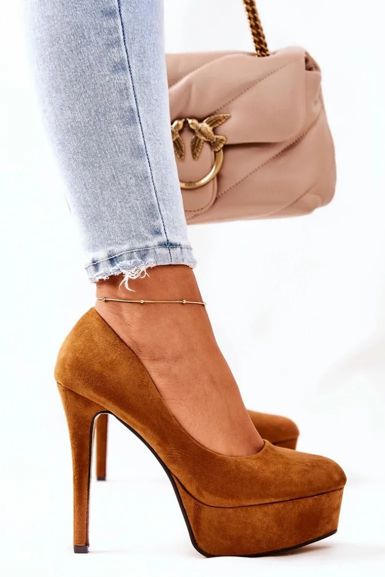 Klasyczne Zamszowe Szpilki Na Platformie Camel Silly