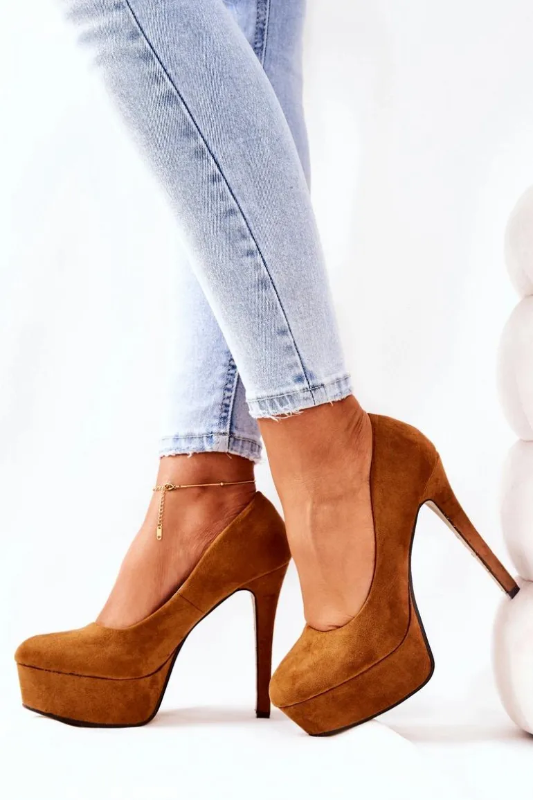 Klasyczne Zamszowe Szpilki Na Platformie Camel Silly