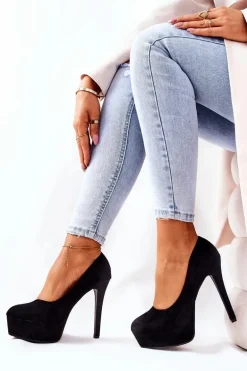 Klasyczne Zamszowe Szpilki Na Platformie Czarne Silly