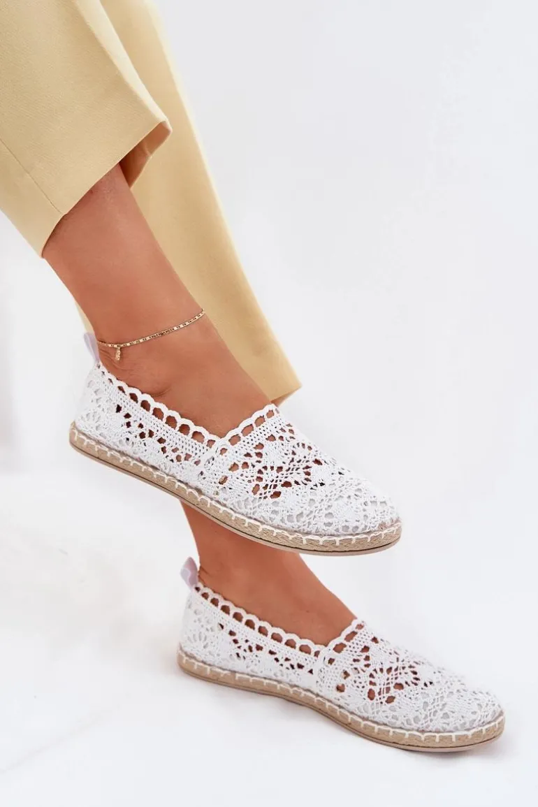 Koronkowe Espadryle Damskie Białe Adelira