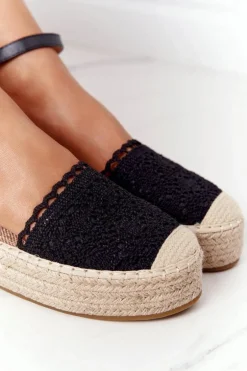 Koronkowe Espadryle Na Plecionej Platformie Czarne Larisa