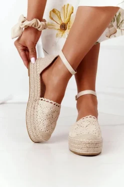 Koronkowe Espadryle Na Plecionej Platformie Beżowe Larisa