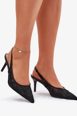 Koronkowe Szpilki Sandały Z Odkrytą Piętą Czarne Lisaviela