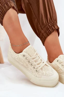 Koronkowe Trampki Damskie Big Star RR274746 Beżowe