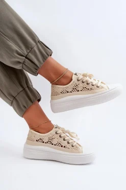 Koronkowe Trampki Damskie Lee Cooper LCW-23-44-1620 Beżowe