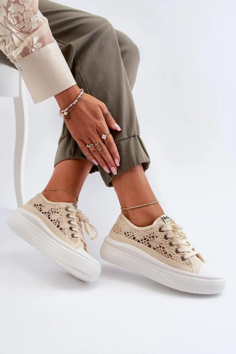 Koronkowe Trampki Damskie Lee Cooper LCW-23-44-1620 Beżowe