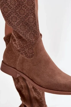 Kozaki Damskie Ażurowe Na Płaskim Obcasie S.Barski HY52-534 Brązowe