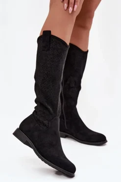 Kozaki Damskie Ażurowe Na Płaskim Obcasie S.Barski HY52-534 Czarne