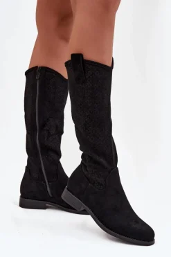 Kozaki Damskie Ażurowe Na Płaskim Obcasie S.Barski HY52-534 Czarne