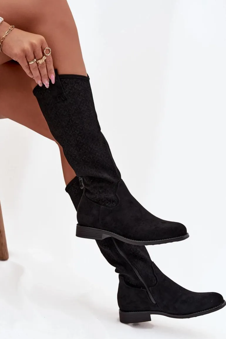 Kozaki Damskie Ażurowe Na Płaskim Obcasie S.Barski HY52-534 Czarne