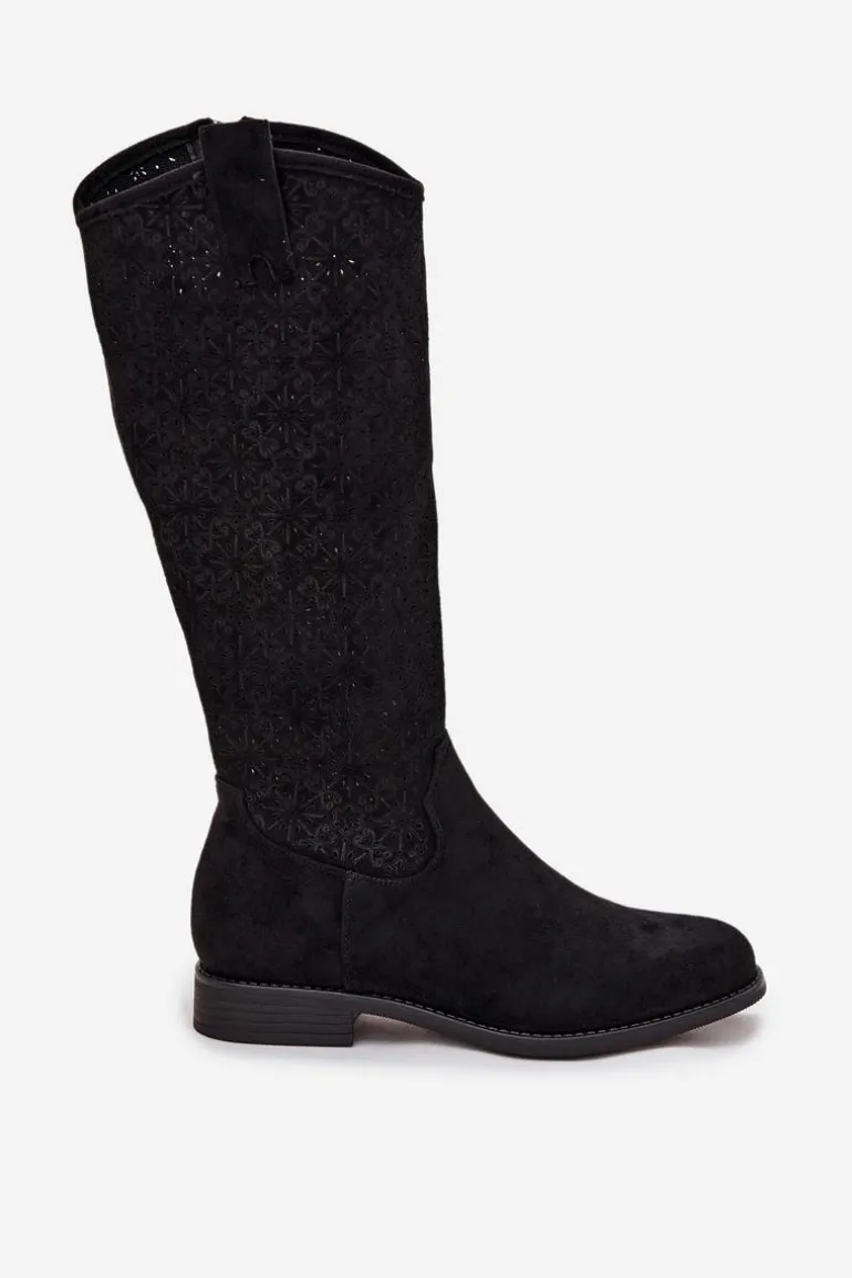 Kozaki Damskie Ażurowe Na Płaskim Obcasie S.Barski HY52-534 Czarne