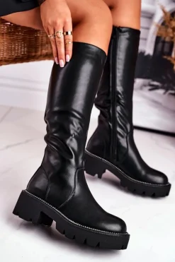 Kozaki Damskie Ciepłe Czarne Ambicious