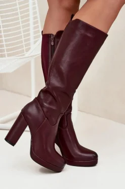 Kozaki Damskie Do Kolana Na Słupku Eko Skórzane Bordowe Thalina