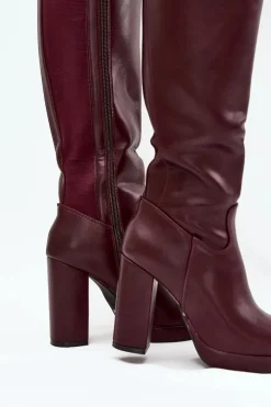 Kozaki Damskie Do Kolana Na Słupku Eko Skórzane Bordowe Thalina