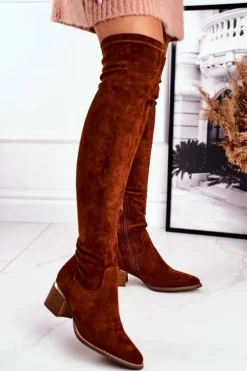 Kozaki Damskie Do Kolana Eko-Zamsz Camel Indigo