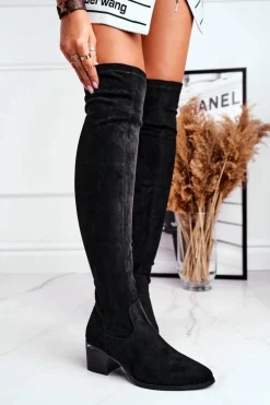 Kozaki Damskie Do Kolana Eko-Zamsz Czarne Indigo