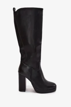 Kozaki Damskie Do Kolana Na Słupku Eko Skórzane Czarne Thalina