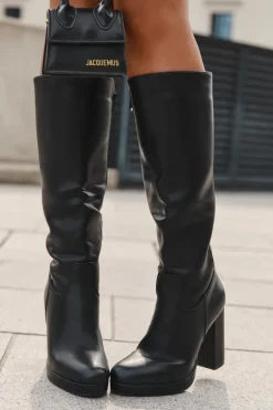 Kozaki Damskie Do Kolana Na Słupku Eko Skórzane Czarne Thalina