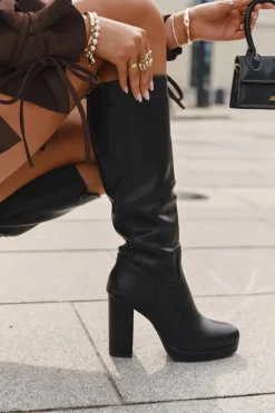 Kozaki Damskie Do Kolana Na Słupku Eko Skórzane Czarne Thalina