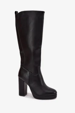 Kozaki Damskie Do Kolana Na Słupku Eko Skórzane Czarne Thalina