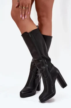 Kozaki Damskie Do Kolana Na Słupku Eko Skórzane Czarne Thalina