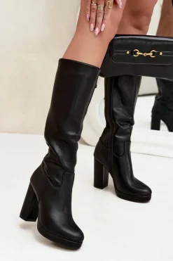 Kozaki Damskie Do Kolana Na Słupku Eko Skórzane Czarne Thalina