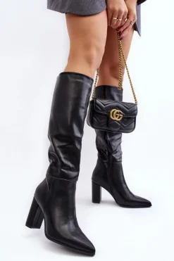 Kozaki Damskie Do Kolana Na Słupku Czarne Fiminna