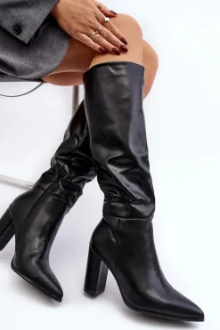 Kozaki Damskie Do Kolana Na Słupku Czarne Fiminna