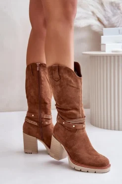 Kozaki Damskie Do Połowy Łydki Na Słupku Ocieplane Camel Ivanelis