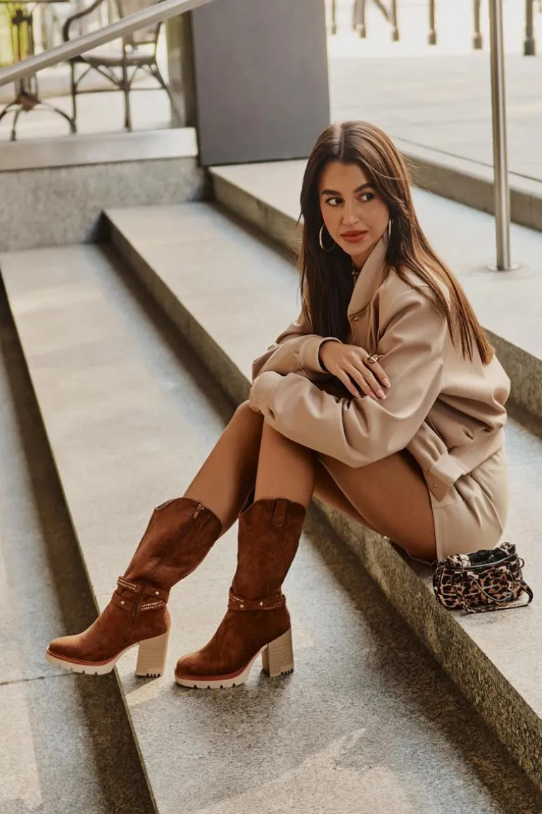 Kozaki Damskie Do Połowy Łydki Na Słupku Ocieplane Camel Ivanelis