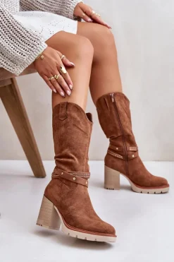 Kozaki Damskie Do Połowy Łydki Na Słupku Ocieplane Camel Ivanelis