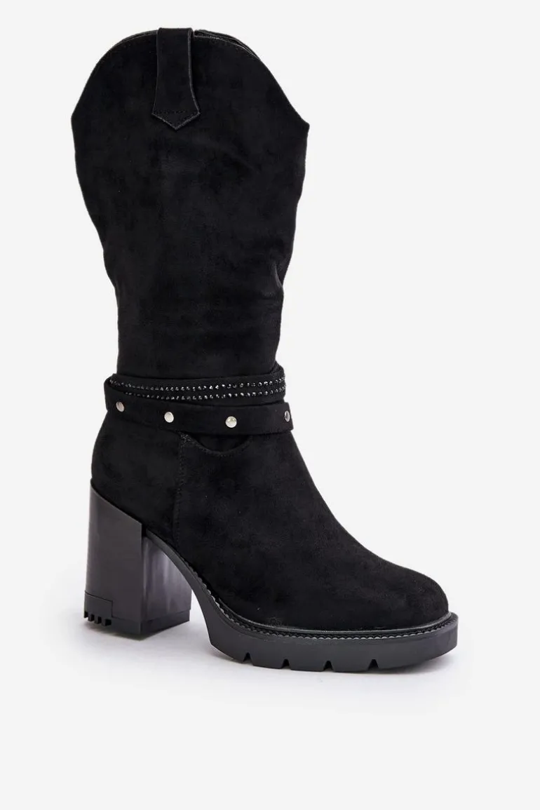 Kozaki Damskie Do Połowy Łydki Na Słupku Ocieplane Czarne Ivanelis