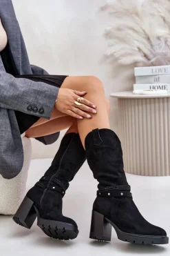 Kozaki Damskie Do Połowy Łydki Na Słupku Ocieplane Czarne Ivanelis