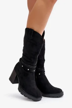 Kozaki Damskie Do Połowy Łydki Na Słupku Ocieplane Czarne Ivanelis